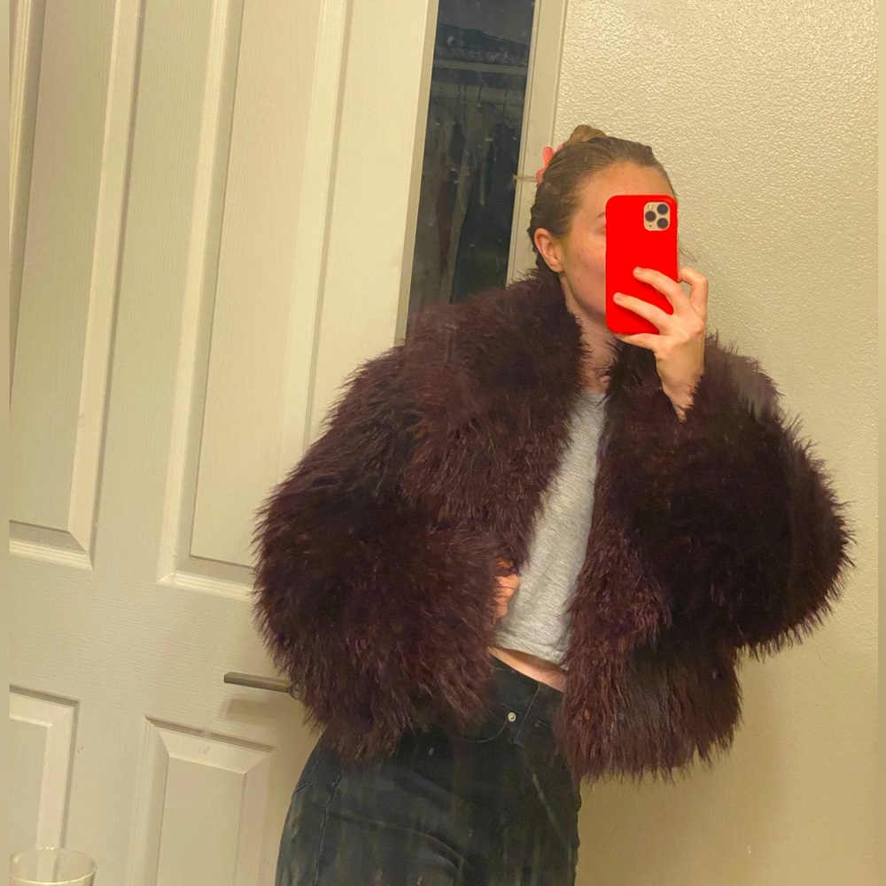 Faux fur maroon jacket from mango